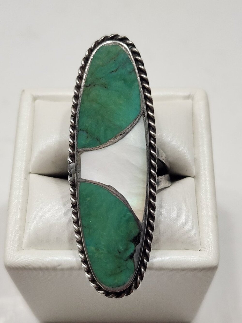 VTG 70s Navajo Norman Lee "N. LEE" Sterling Silver Turquoise/MOP Inlay Ring SZ 7